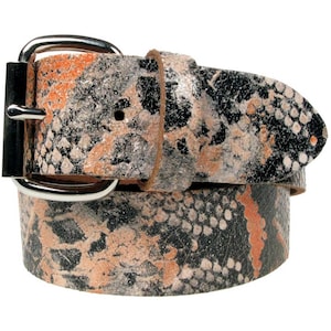 May include: A black leather belt with a silver buckle. The belt has a snakeskin pattern with orange and white accents.