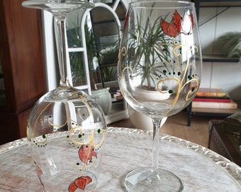 Wine Glasses with Poppies.  Hand Painted with Stained Glass Paint. Original Gift.