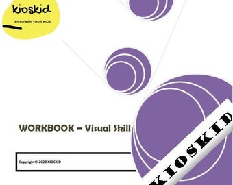 May include: A white workbook titled "WORKBOOK - Visual Skill" with purple and white circular designs. The KIOSKID logo is visible, along with the text "empower your kids". Copyright 2020 KIOSKID is also displayed.