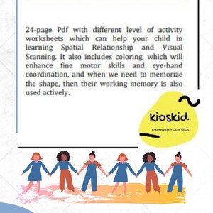 May include: A digital worksheet titled "Color the Same Grid" with text describing its educational benefits. The image includes a logo for "kioskid" and a graphic of children holding hands. The worksheet is designed to help children with spatial relationships and visual scanning.