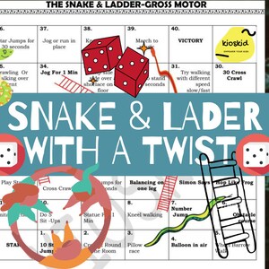 May include: A vibrant game board labelled "Snake & Ladder With a Twist" with a green snake, red dice, and a ladder. The board includes instructions for various gross motor activities, such as star jumps and crawling.