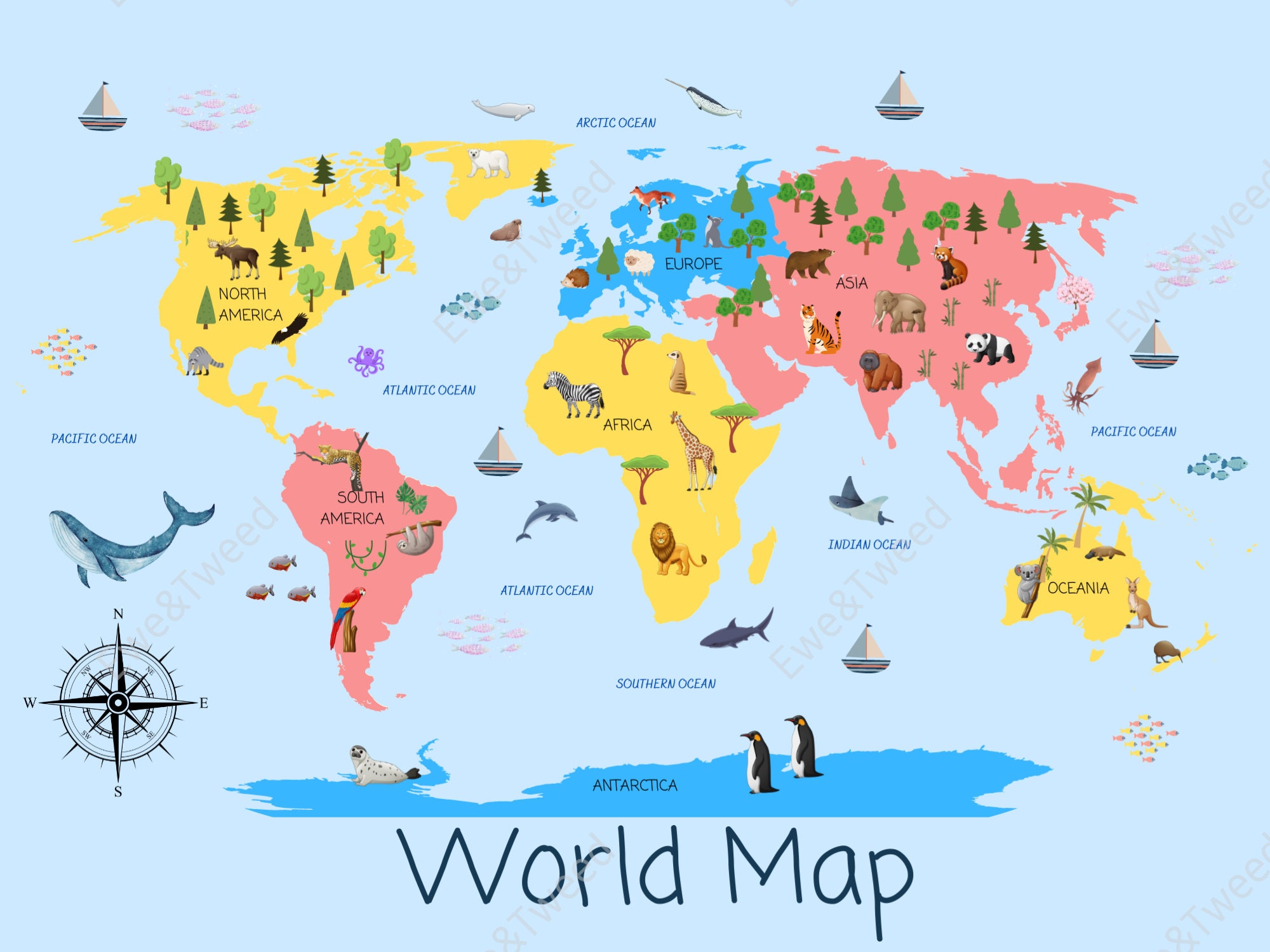 DIGITAL PRINT World Map children map, Nursery decor, home decor, educational print, kids wall art