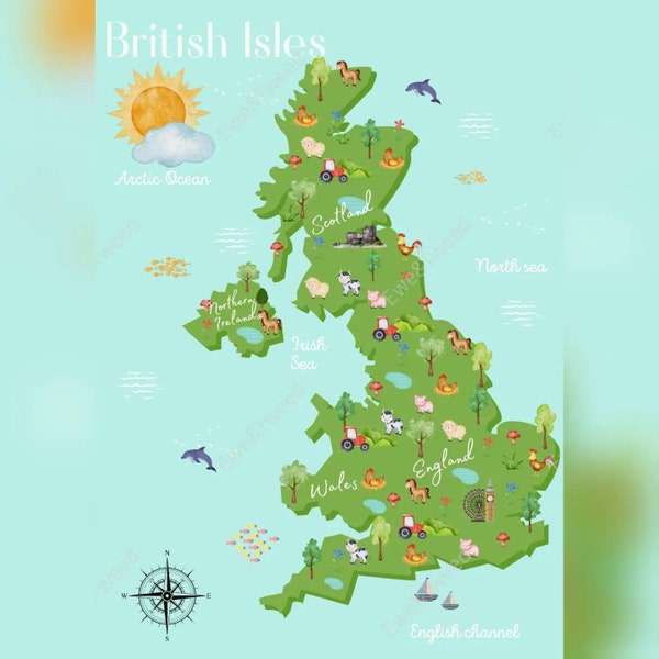 Digital File British Map, children map, British isles, Nursery decor, home decor, educational print, kids wall art