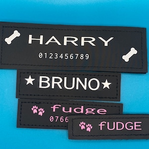 May include: Black rectangular pet name tags with white and pink text. The tags display names like "HARRY" and "BRUNO", along with phone numbers and paw prints. Bone and star graphics are also present on the tags.