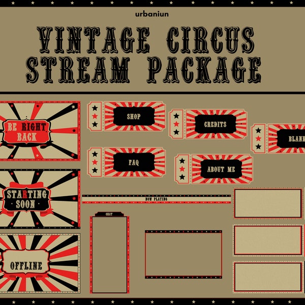 Vintage circus stream package, vintage twitch overlay animated, twitch panel vintage, retro stream overlay package animated