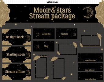 Star stream package,  moon twitch panels, lune overlays, stream animated alerts