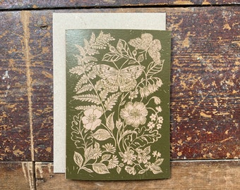 Linocut print card 'Fern, Butterfly and Wild Flower'