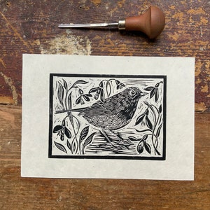 Linocut print Little Robin and snowdrops Gorgeous copper Lokta paper Copper ink A5 Black on Cream Lokta