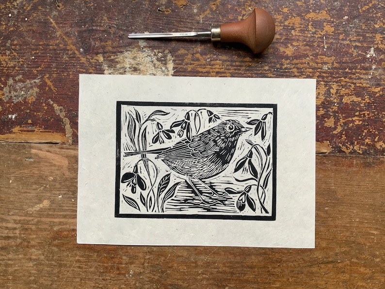 Linocut print Little Robin and snowdrops Gorgeous copper Lokta paper Copper ink A5 Black on Cream Lokta