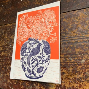 Linocut print Flowers Greeting Card Vase Birthday Card Nature Card Hand Printed Block Print Digital Print Art Card image 6