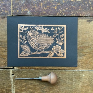 Linocut Print Wren | Handmade | Original | Hand Printed | Wall Art | Original | Print | Gift | Home Decor | Copper ink | A5