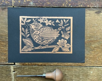 Linocut Print Wren | Handmade | Original | Hand Printed | Wall Art | Original | Print | Gift | Home Decor | Copper ink | A5