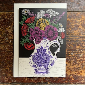 Stampa linocut - Fiori - Biglietto d'auguri - Vaso - Biglietto di compleanno - Biglietto natura - Stampato a mano - Stampa a blocchi - Stampa digitale - Biglietto d'arte