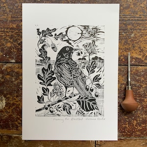 Linocut Print | Blackbird | Handmade | Original | Hand Printed | Wall Art | Original | Print | Gift | Home Decor | Nature