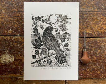 Linocut Print | Blackbird | Handmade | Original | Hand Printed | Wall Art | Original | Print | Gift | Home Decor | Nature