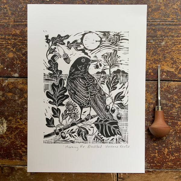 Linocut Print | Blackbird | Handmade | Original | Hand Printed | Wall Art | Original | Print | Gift | Home Decor | Nature