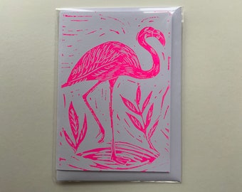 Linocut print flamingo - Greetings Card - Handprinted - Fluorescent - Pink - A6 - Blank inside