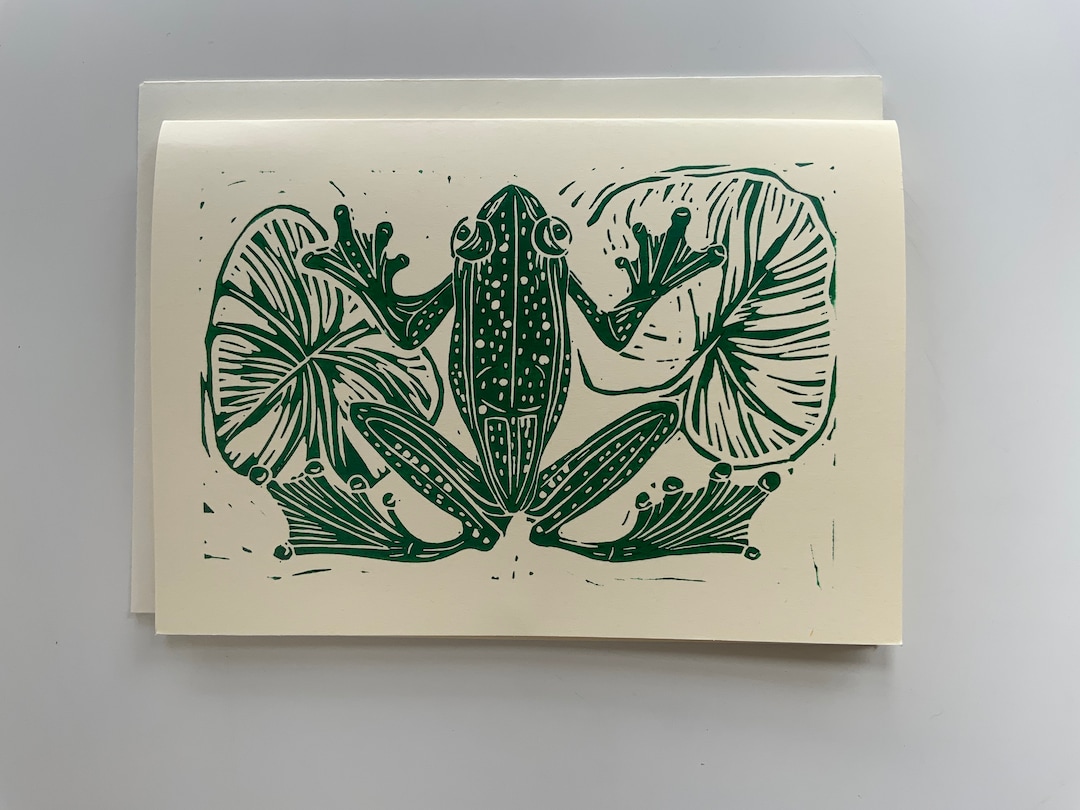 Frog on Lily Pad Linocut Print Greetings Card Handprinted Green A5 ...