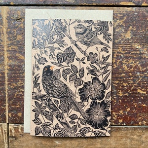 Linocut print - Merel - Wenskaart - Vogel - Verjaardagskaart - Natuurkaart - Handgedrukt - Blokdruk - Digitale print - Art Card