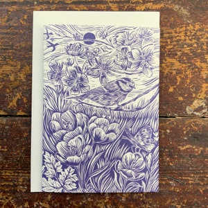 Linosnede print - Bluetit - Wenskaart - Vogel - Verjaardagskaart - Natuurkaart - Handgedrukt - Blokafdruk - Digitale print - Kunstkaart
