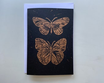 Linocut print butterfly greetings card - Handprinted - A5/A6 Gold ink