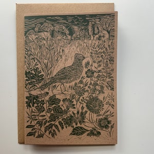 Kunstkaart - Vogel - Wenskaart - Verjaardagskaart - Veldleeuwerik - Natuurkaart - Handgedrukt - Muurkunst - Blokafdruk - Digitale print