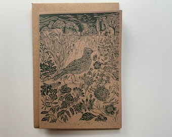 Art Card - Bird - Greeting Card - Birthday Card - Skylark - Nature Card - Hand Printed - Wall Art - Block Print- Digital Print