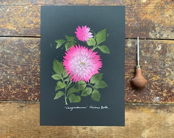 Linocut print Chrysanthemum - Impreso a mano - Block Print - Art Print - A4 - Wall Art