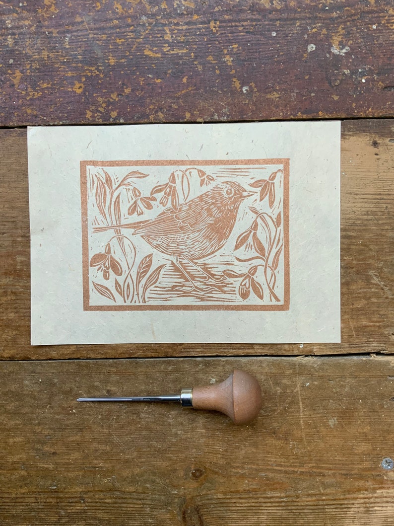 Linocut print Little Robin and snowdrops Gorgeous copper Lokta paper Copper ink A5 Gold on Cream Lokta