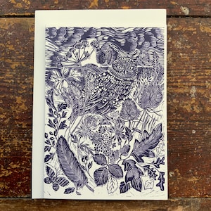 Linosnede kaart uil - vogel - wenskaart - verjaardagskaart - natuurkaart - handgedrukt - blokdruk - digitale print - kunstkaart