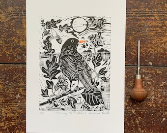 Linocut Print | Blackbird | Handmade | Original | Hand Printed | Wall Art | Original | Print | Gift | Home Decor | Nature