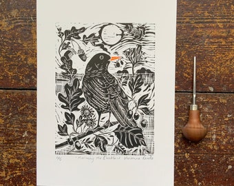 Linocut Print | Blackbird | Handmade | Original | Hand Printed | Wall Art | Original | Print | Gift | Home Decor | Nature