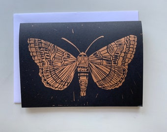 Linocut print moth greetings card - Handprinted - A5/A6 Gold ink