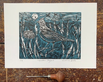 Skylark linocut print | Handmade | Nature | Bird art | Block print | Handprinted | Original | Home decor | Gift