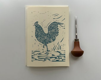 Linocut print- cockerel- greetings card - A5 - Cream card - Handprinted - Blank inside