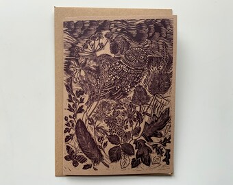 Linogravure Card Owl - Oiseau - Carte de vœux - Carte d’anniversaire - Carte Nature - Imprimé à la main - Impression en bloc - Impression numérique - Carte d’art