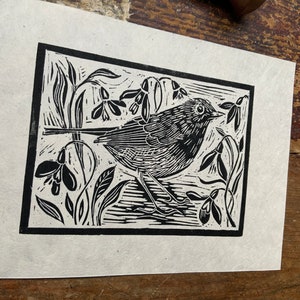 Linocut print Little Robin and snowdrops Gorgeous copper Lokta paper Copper ink A5 image 8