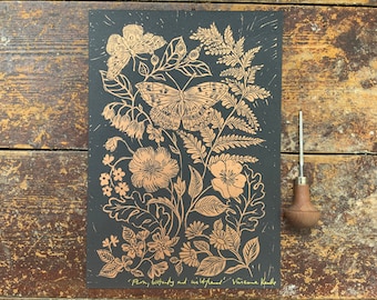 Stampa linoleografia / Felce, farfalla e fiori selvatici / Fatto a mano / Originale / Stampato a mano / Arte della parete / Originale / Stampa / Regalo / Decorazione per la casa