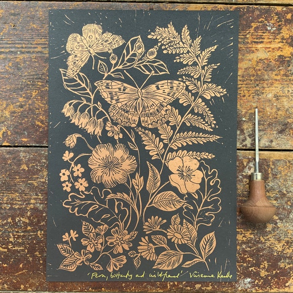 Linocut Print | Fern, Butterfly & Wild Flowers | Handmade | Original | Hand Printed | Wall Art | Original | Print | Gift | Home Decor
