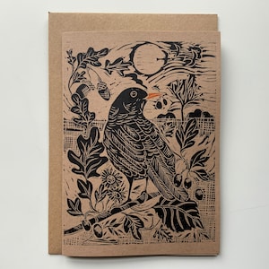 Linosnede - Merel - Wenskaart - Vogel - Verjaardagskaart - Natuurkaart - Handgedrukt - Blokdruk - Digitale print - Kunstkaart