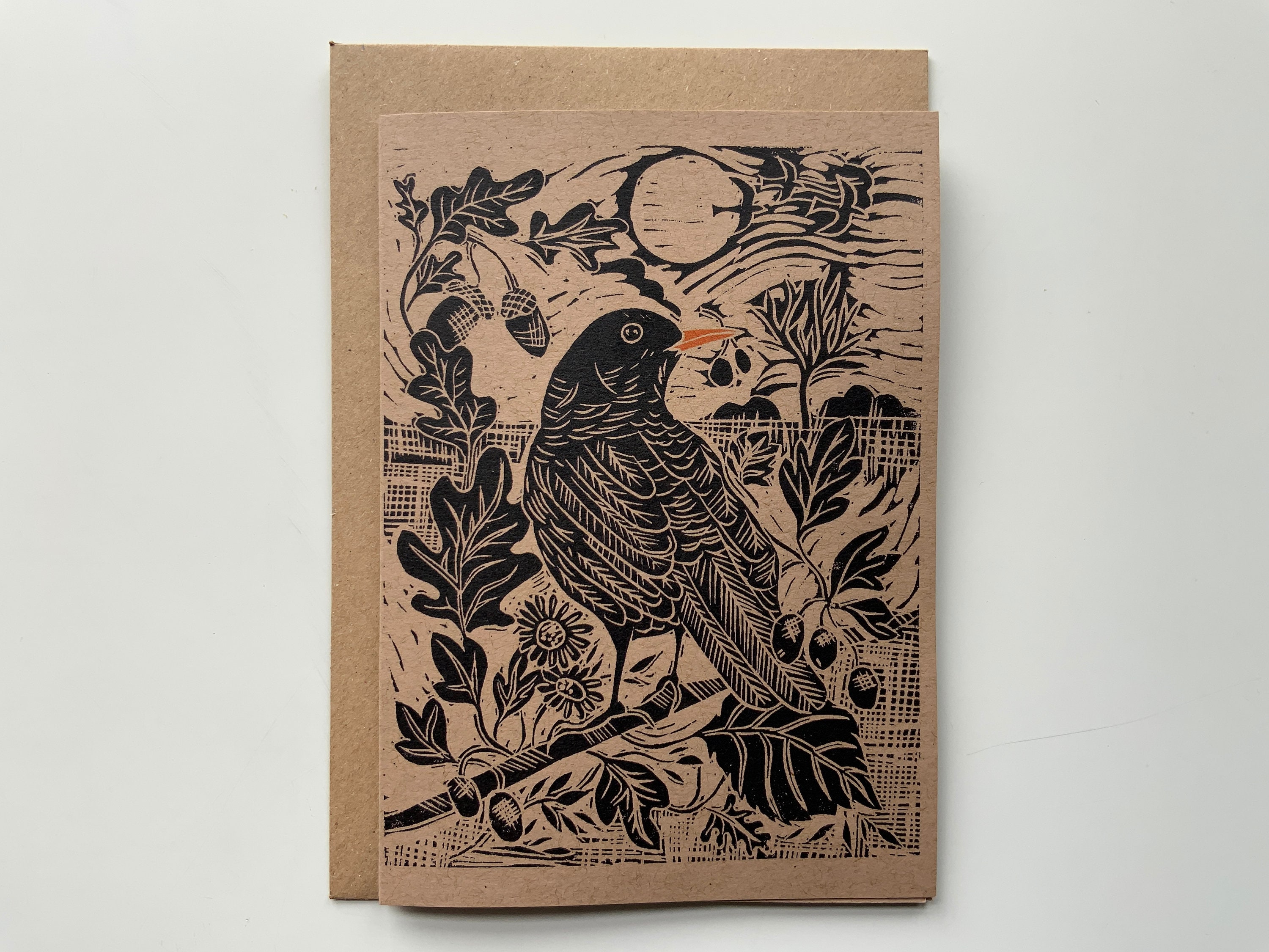 Linocut print - Blackbird - Greeting Card -  Bird - Birthday Card - Nature Card - Hand Printed - Block Print- Digital Print  - Art Card