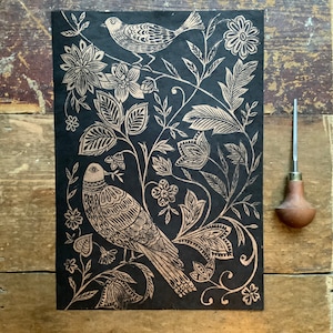 Linocut de pájaro popular / Estampado de linocut inspirado en Artes y Manualidades / Original / Impreso a mano / Arte de pared / Original / Regalo / Decoración del hogar