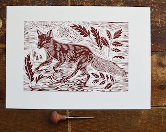 Linocut Print | Fox | Handmade | Original | Hand Printed | Wall Art | Original | Gift | Home Decor |