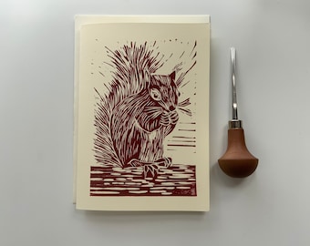 Linocut print Greetings Card - Squirrel - Handprinted  - A5 - Blank inside - Original art