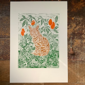 リノカットプリント | 猫 | ハンドメイド | オリジナル | ハンドプリント | ウォールアート | オリジナル | プリント | ギフト | ホームデコレーション - A2 - ブロックプリント