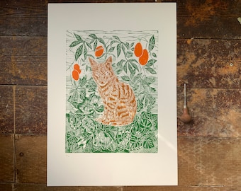 Linocut print / Cat / Handmade / Original / Hand Printed / Wall Art / Original / Print / Gift / Home Decor - A2 - Blockprint