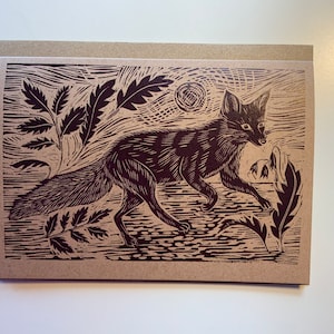 Fox-wenskaart - Bruin op kraftpapier - A6 - Van een originele linosnede-print