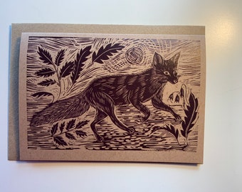 Fox Greetings Card - Brown on Kraft paper - A6 - From an original linocut print