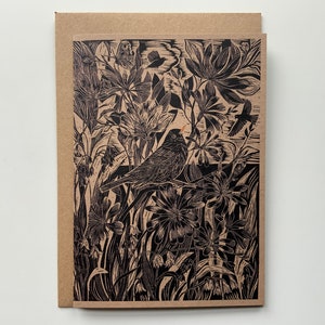 Linocut printkaart - Merel - Vogel - Wenskaart - Verjaardagskaart - Natuurkaart - Handgedrukt - Blokdruk - Digitale print - Kunstkaart