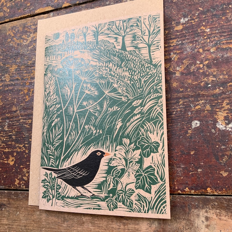 Linocut print Blackbird Greeting Card Bird Birthday Card Nature Card Hand Printed Block Print Digital Print Art Card image 5